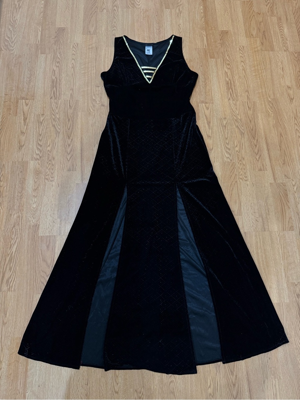 Whimsigoth Black Velvet V-Neck Evening Dress with Gold Trim